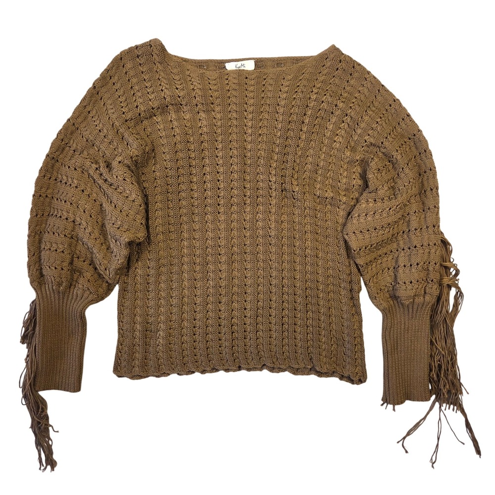 Kye Mi Women Brown‎ Knitted Fringe Sleeve Sweater Size M Boho Western Cowgirl